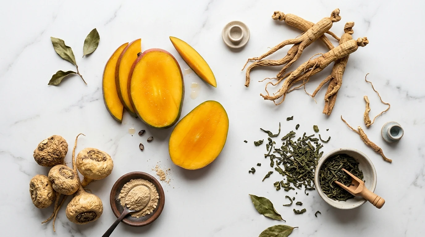 Ketosana Inhaltsstoffe Flatlay — Afrikanische Mango, Adaptogens, Chrom, Grüntee